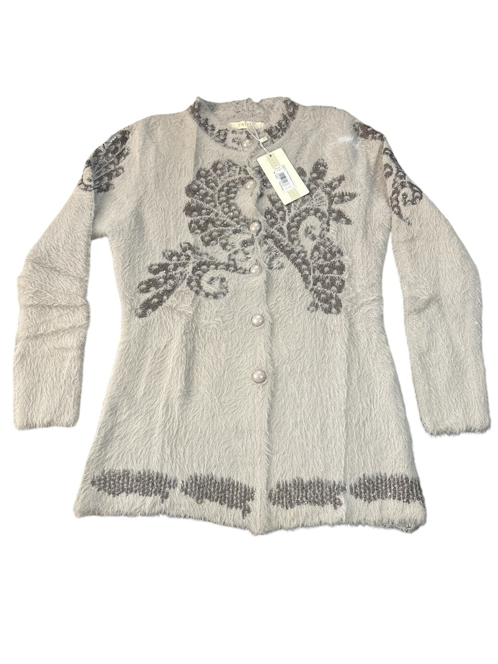 Elegant Cream Knit Cardigan with Gray Floral Motif